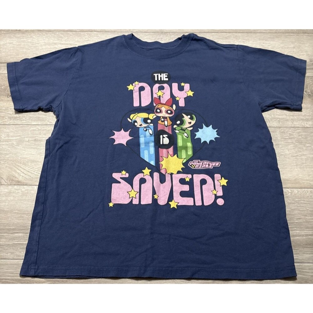 The Powerpuff Girls Cartoon "The Day Saved" Graphic Blue T Shirt Women's Size M